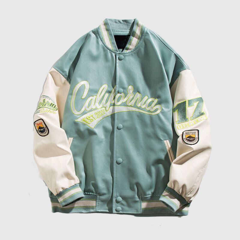 Embroidered PU Leather Baseball Jacket