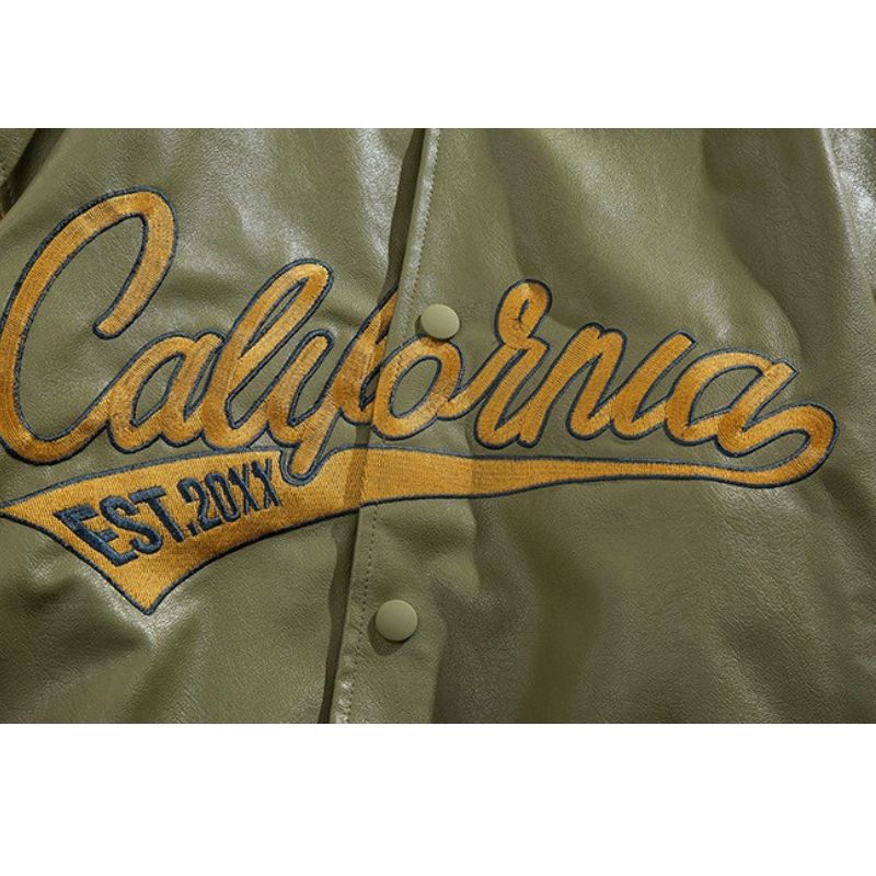 Embroidered PU Leather Baseball Jacket