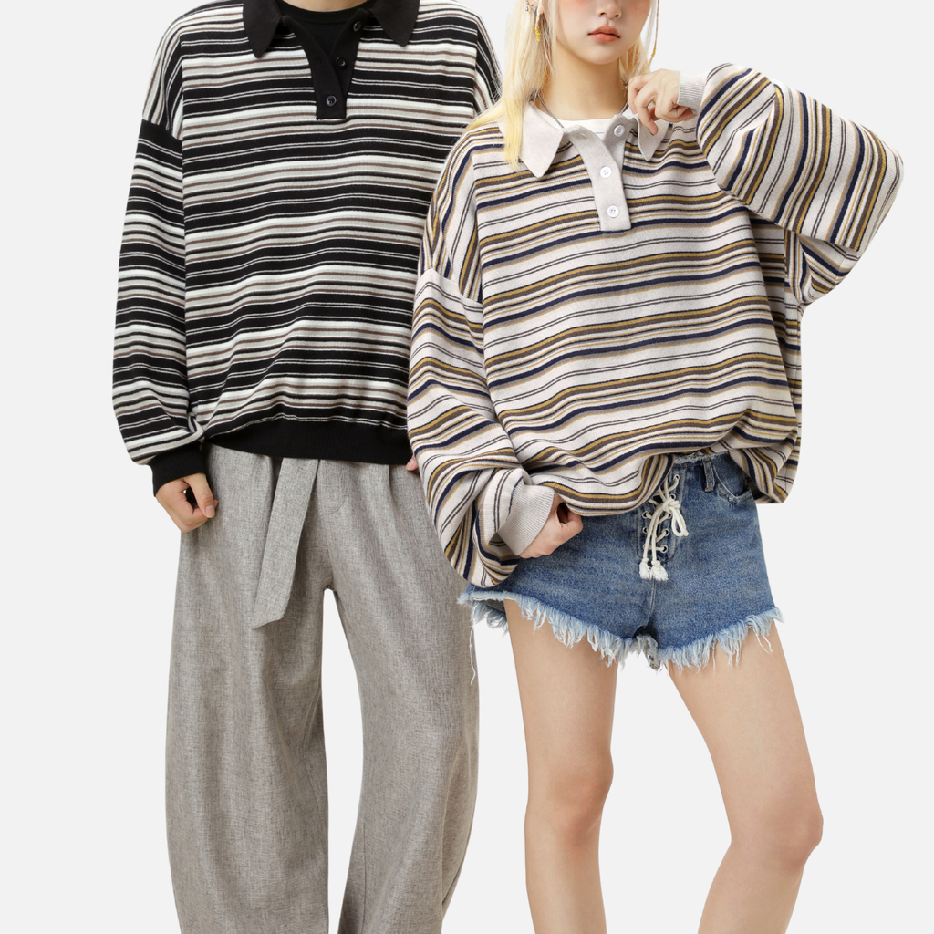 Japanese Retro Colorblock Stripe Polo Sweater