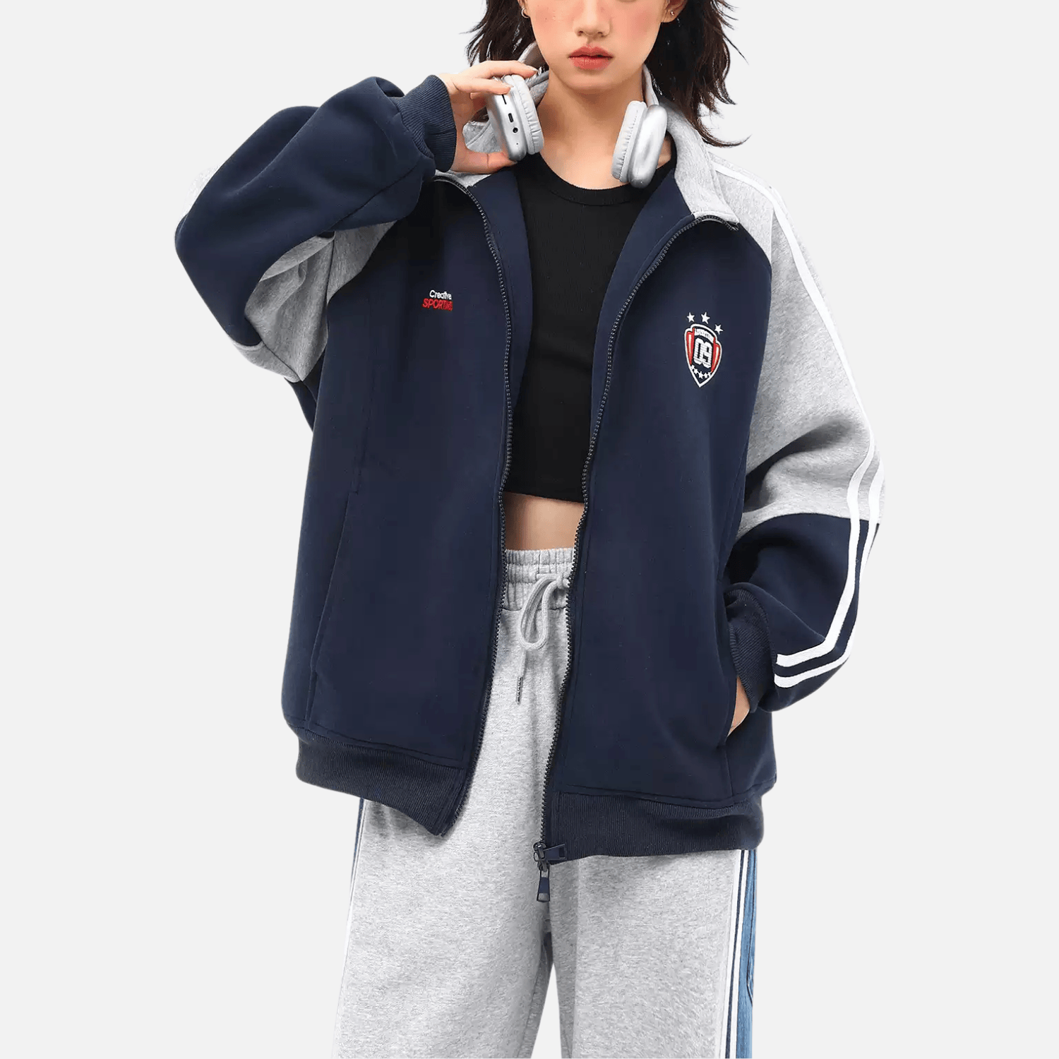 Color-Block Embroidered Stand Collar Jacket