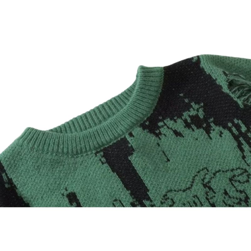 Vintage Distressed Color-Block Knit Sweater