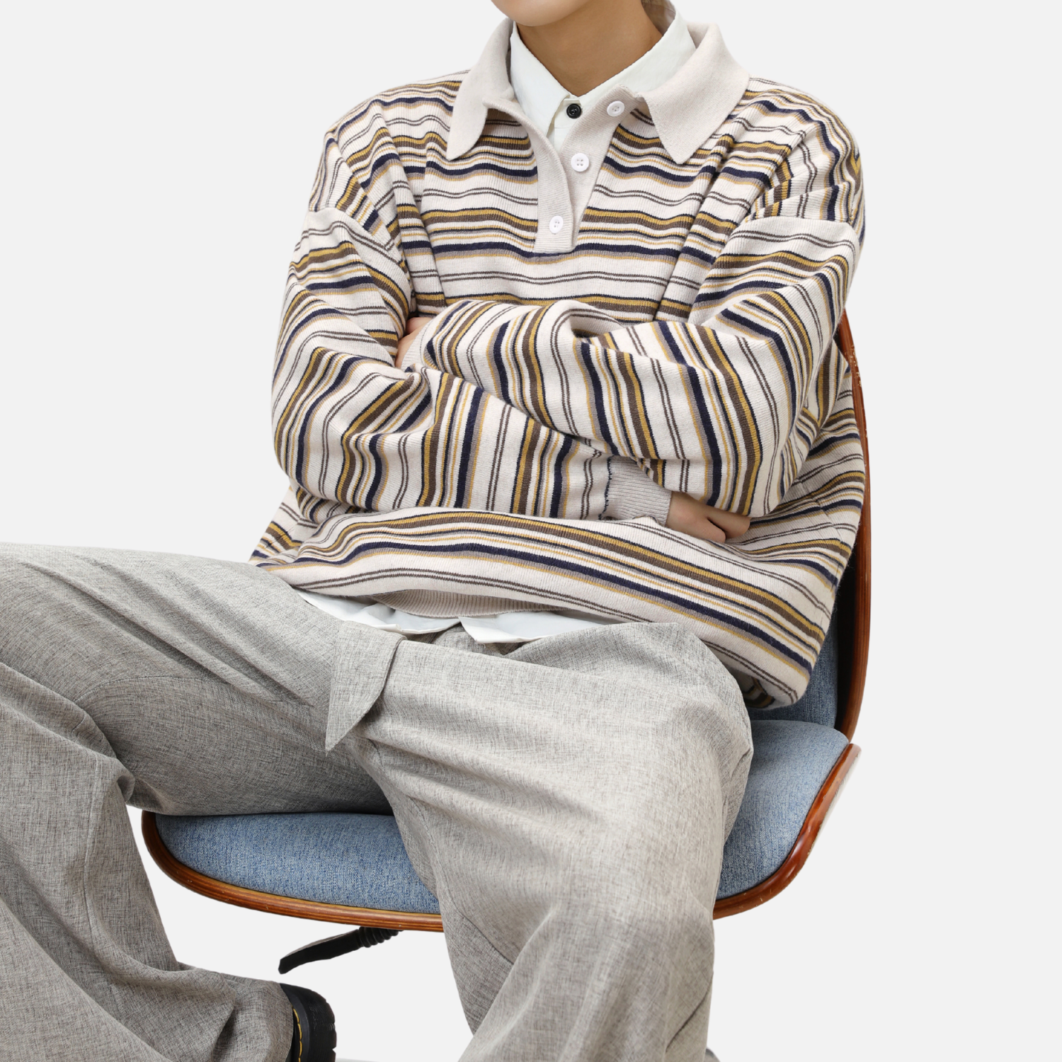 Japanese Retro Colorblock Stripe Polo Sweater