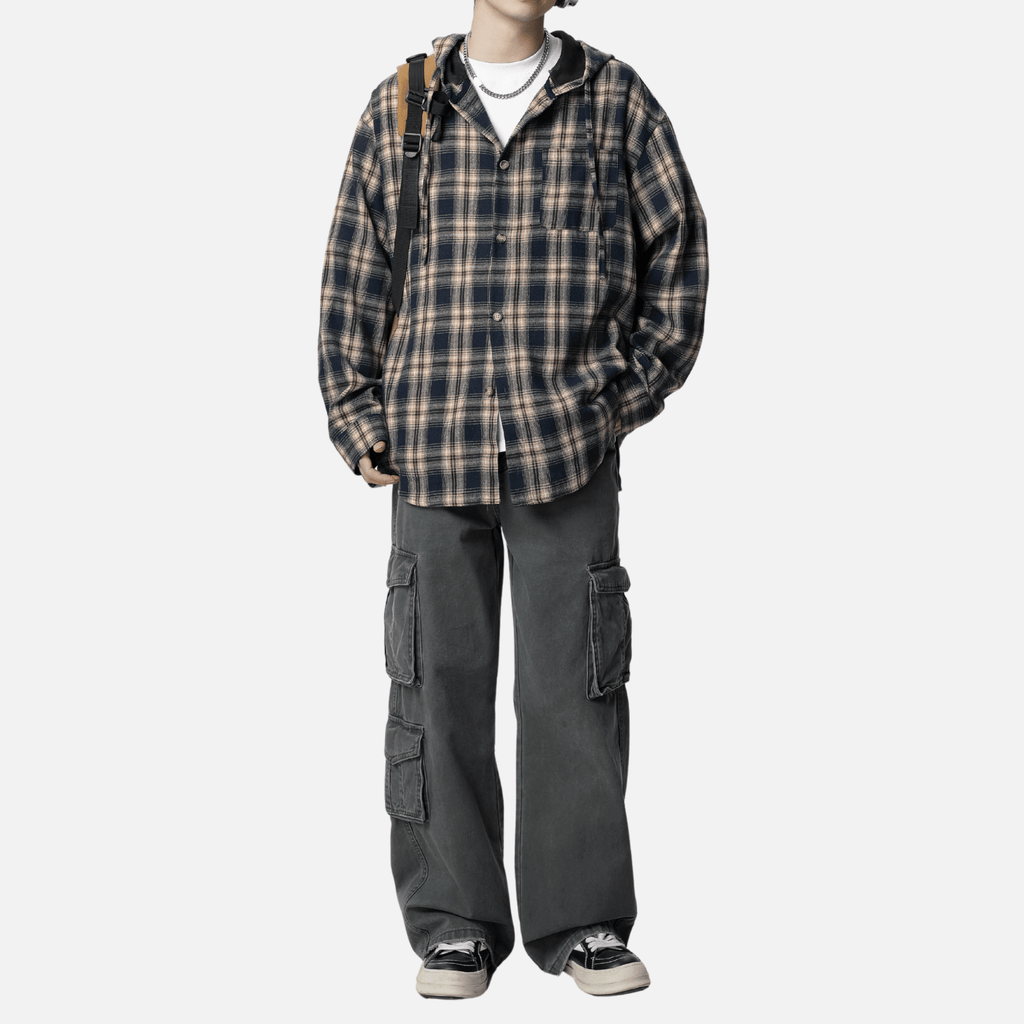 Colorblock Plaid Hooded Shirt