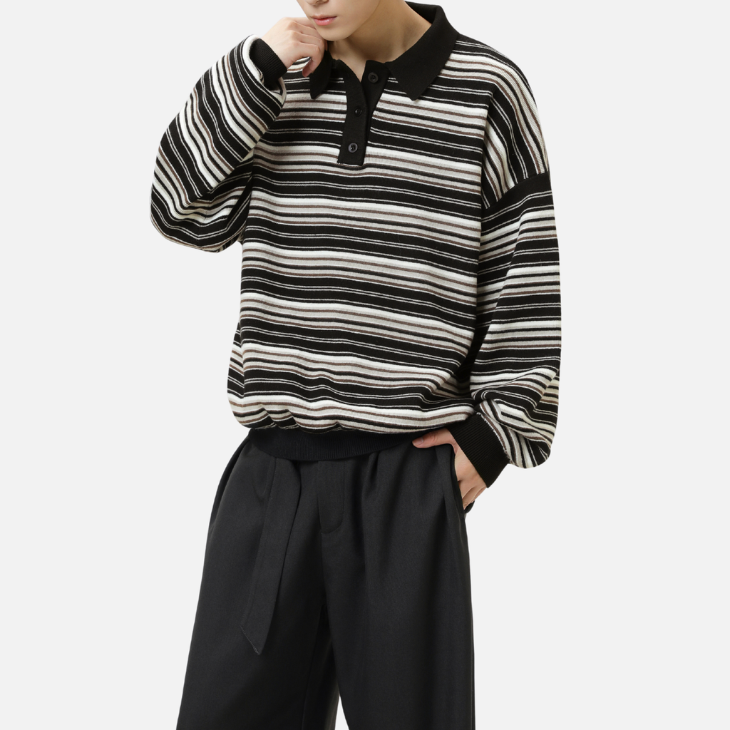 Japanese Retro Colorblock Stripe Polo Sweater