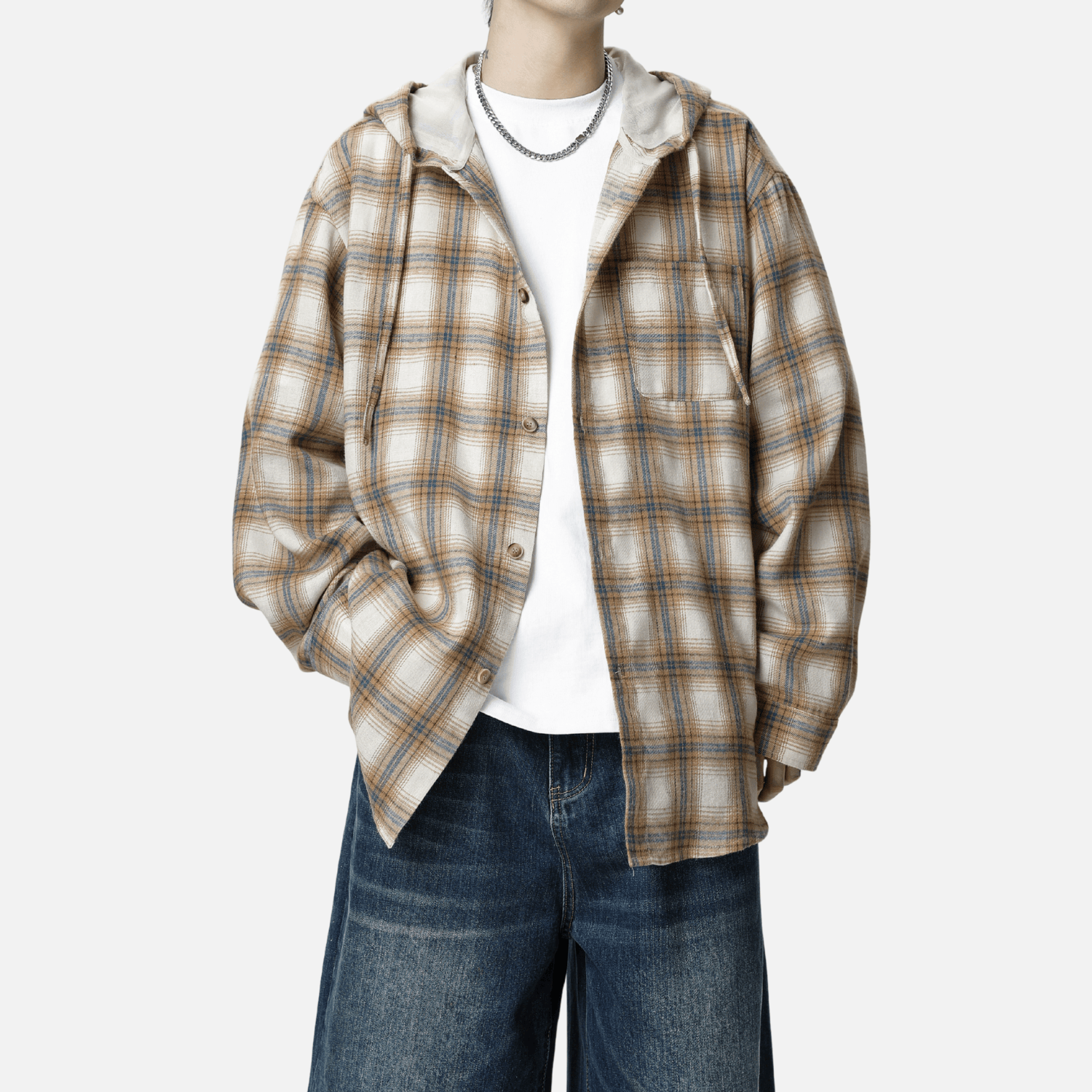 Colorblock Plaid Hooded Shirt