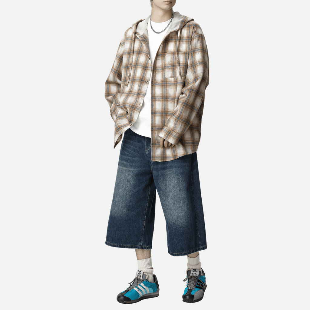 Colorblock Plaid Hooded Shirt